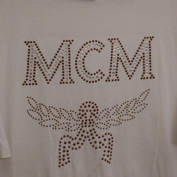 MCM  Womens White Swarovski Crystals Logo Short Sleeve T-Shirt XL - Picture 6 of 10